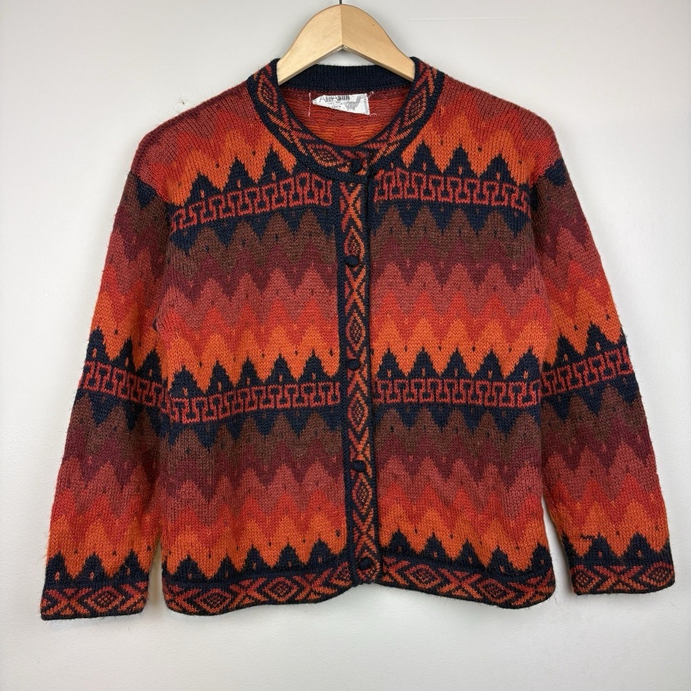 Vintage Peruvian Alpaca Women's S Cardigan Geometric Pattern Boho Hippie Indie